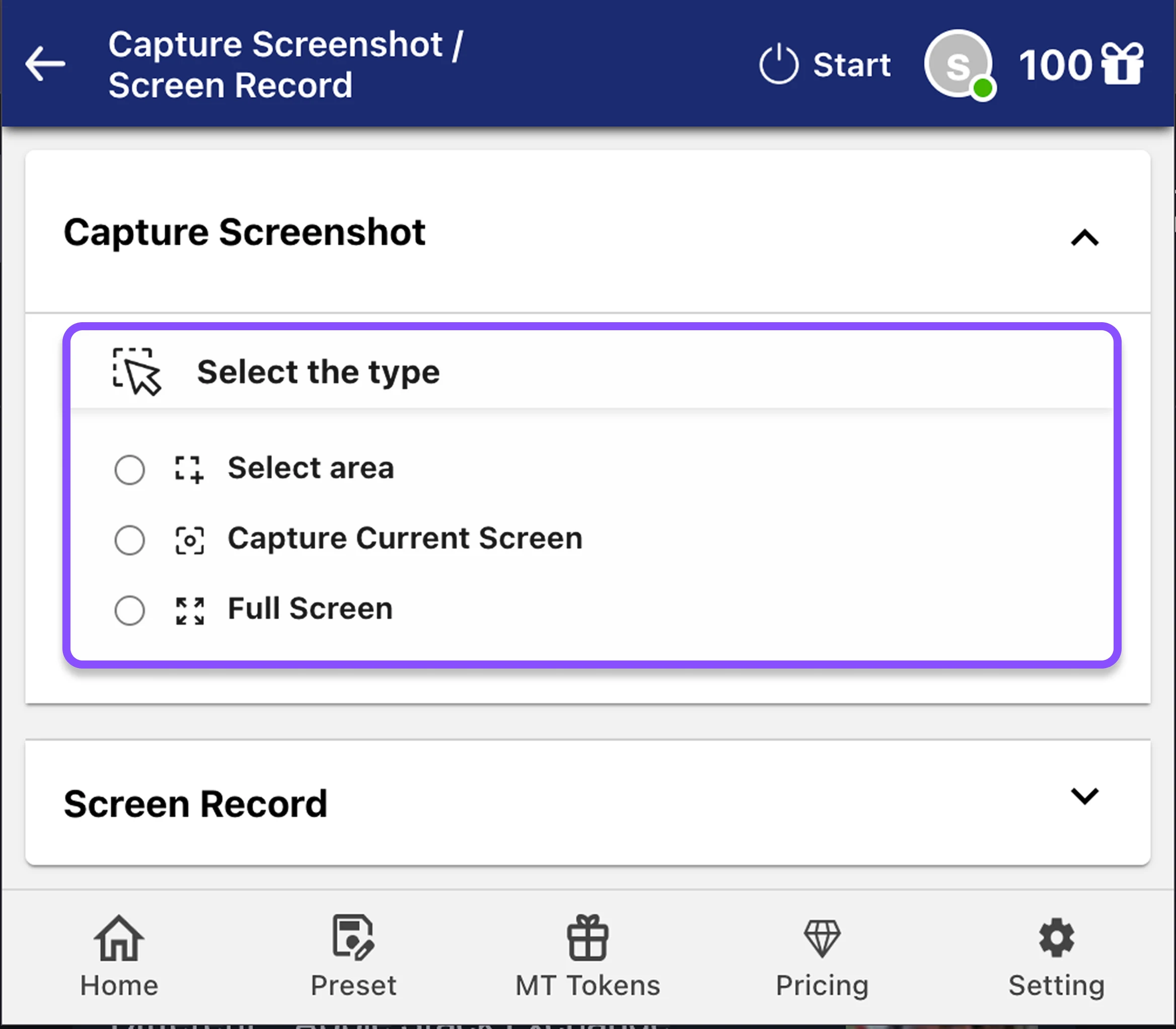 Step 1: Select the Screenshot Type